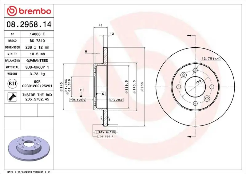 BREMBO 08.2958.14 Ön Fren Diski