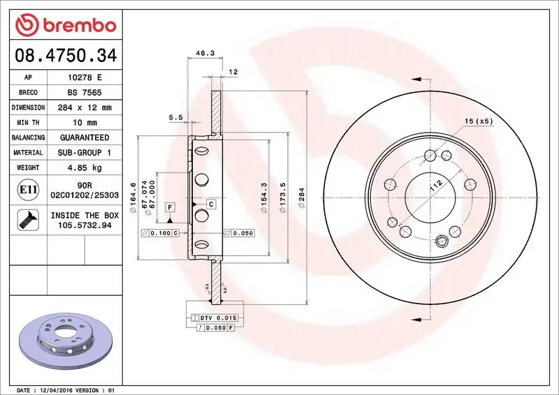 BREMBO 08.4750.34 Ön Fren Diski A1244211312