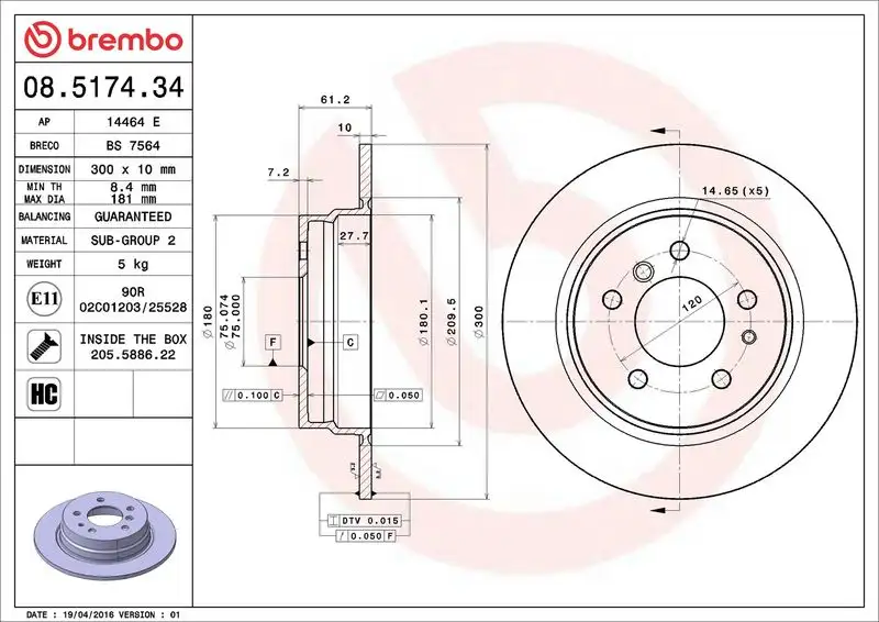 BREMBO 08.5174.34 Arka Fren Diski 34211162305
