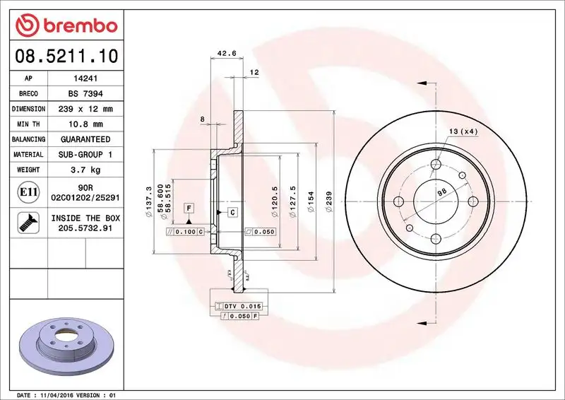 BREMBO 08.5211.10 Ön Fren Diski 21083501070