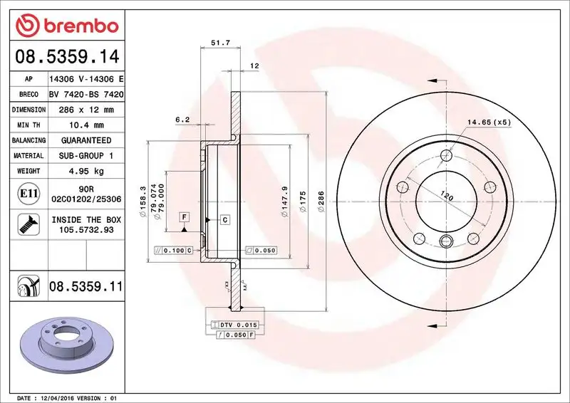BREMBO 08.5359.11 Ön Fren Diski