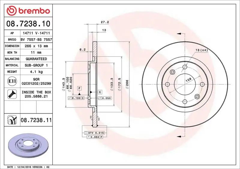 BREMBO 08.7238.10 Ön Fren Diski