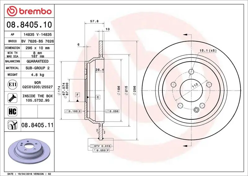 BREMBO 08.8405.10 Arka Fren Diski A6364230112