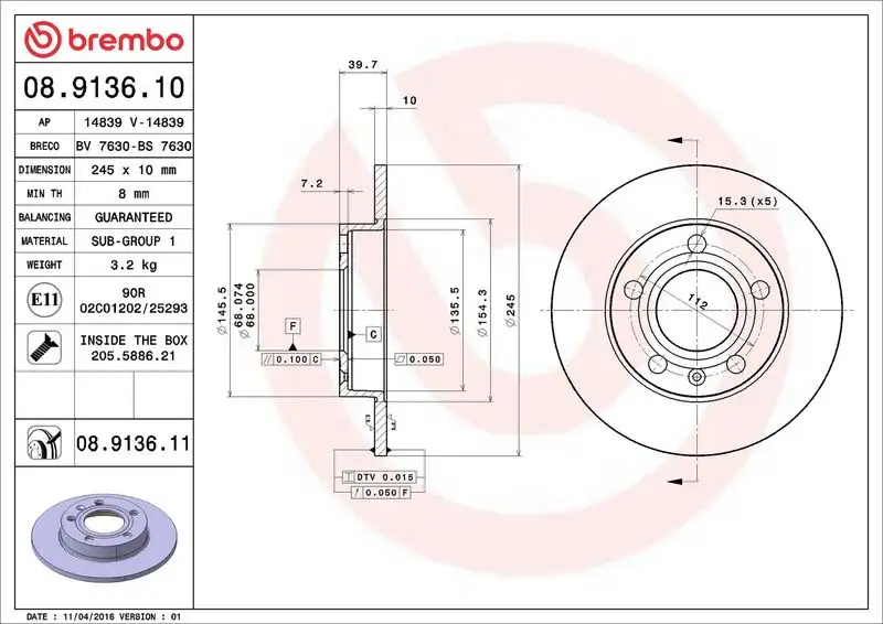 BREMBO 08.9136.10 Arka Fren Diski 8E0615601P