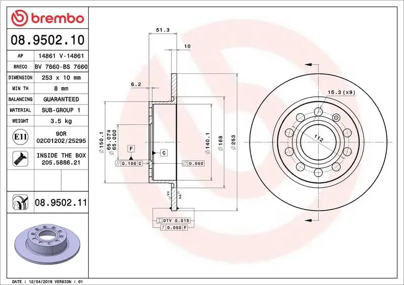 BREMBO 08.9502.11 Arka Fren Diski