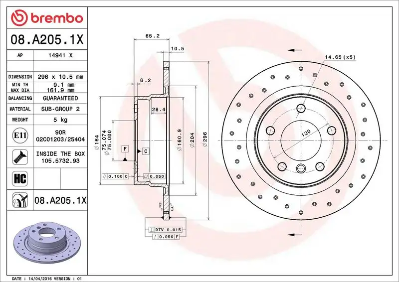 BREMBO 08.A205.1X Arka Fren Diski