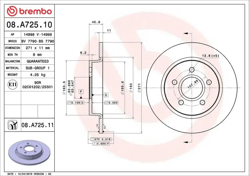 BREMBO 08.A725.10 Arka Fren Diski