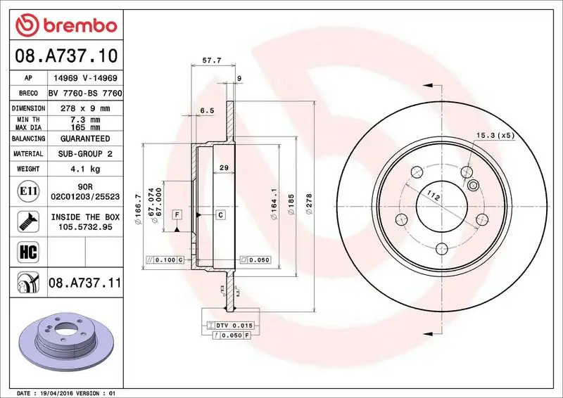 BREMBO 08.A737.10 Arka Fren Diski A2044230512