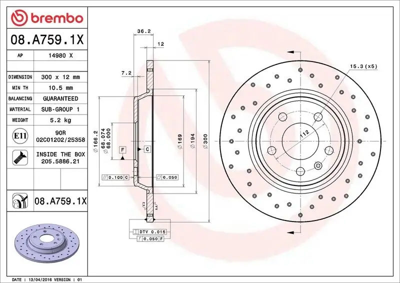 BREMBO 08.A759.1X Arka Fren Diski
