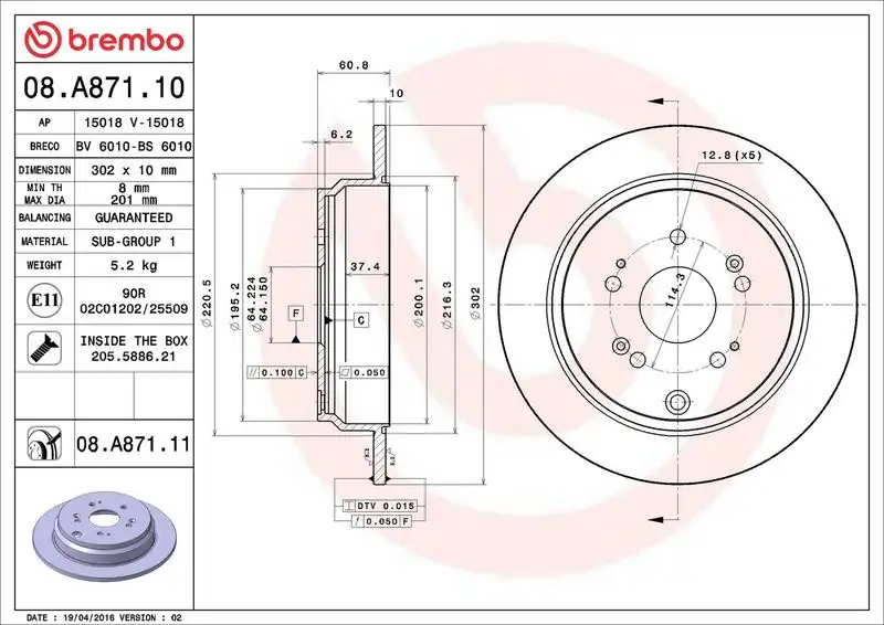 BREMBO 08.A871.10 Arka Fren Diski 42510T1GG00