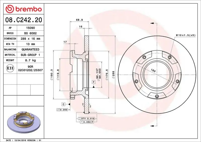 BREMBO 08.C242.20 Arka Fren Diski BK212A097BA