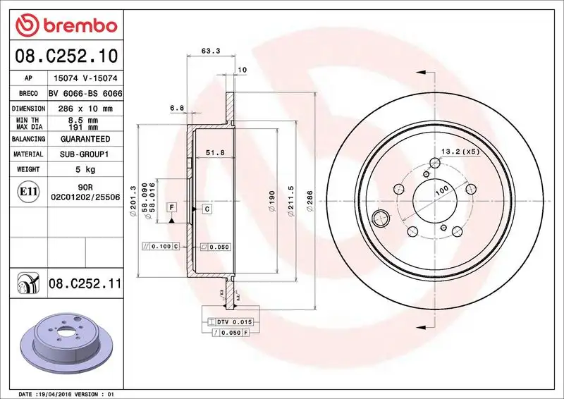 BREMBO 08.C252.11 Arka Fren Diski 26700FG000