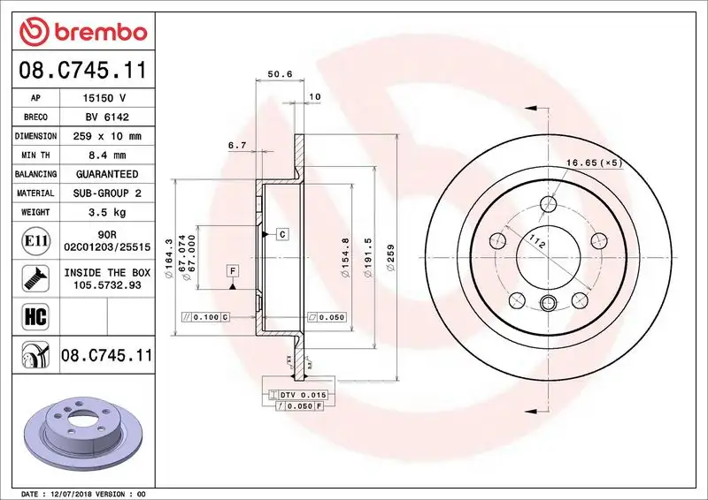 BREMBO 08.C745.11 Arka Fren Diski 34216799383