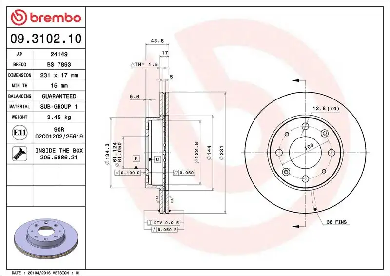 BREMBO 09.3102.10 Ön Fren Diski