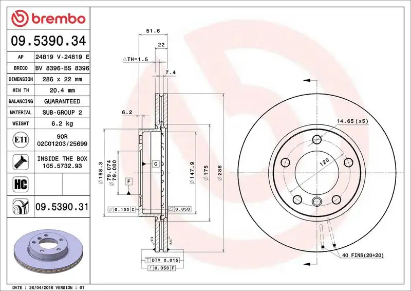 BREMBO 09.5390.34 Ön Fren Diski