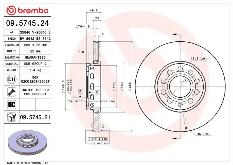 BREMBO 09.5745.24 Ön Fren Diski