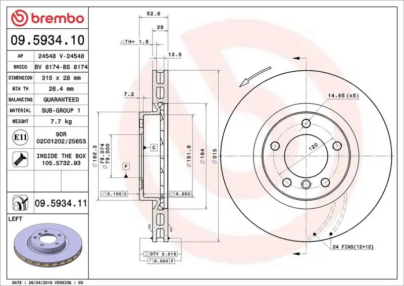 BREMBO 09.5934.11 Ön Fren Diski (Sol) 34112227737
