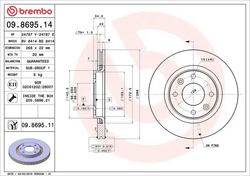 BREMBO 09.8695.11 Ön Fren Diski