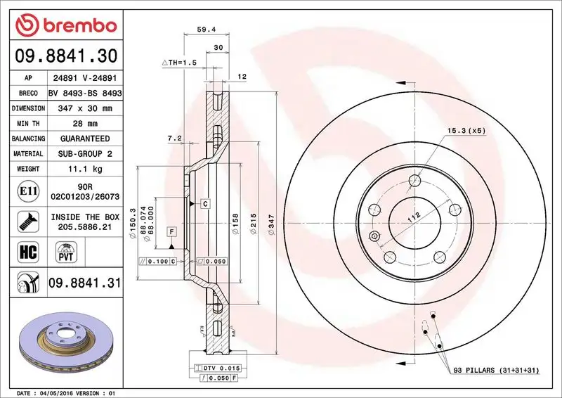 BREMBO 09.8841.31 Ön Fren Diski 4F0615301G