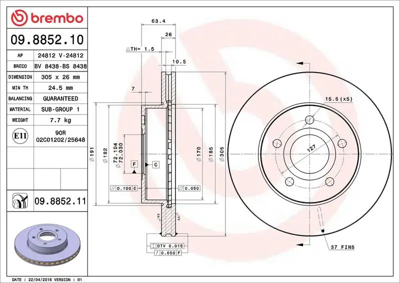 BREMBO 09.8852.10 Ön Fren Diski 52098672