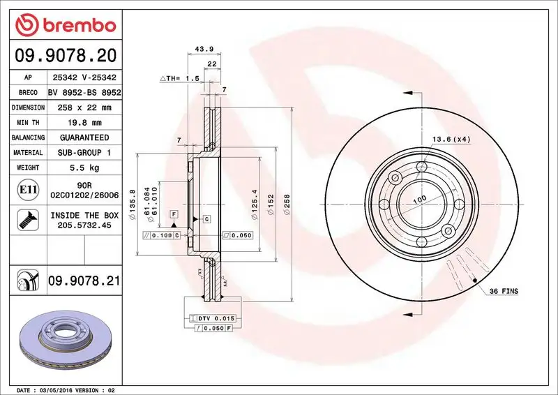 BREMBO 09.9078.21 Ön Fren Diski
