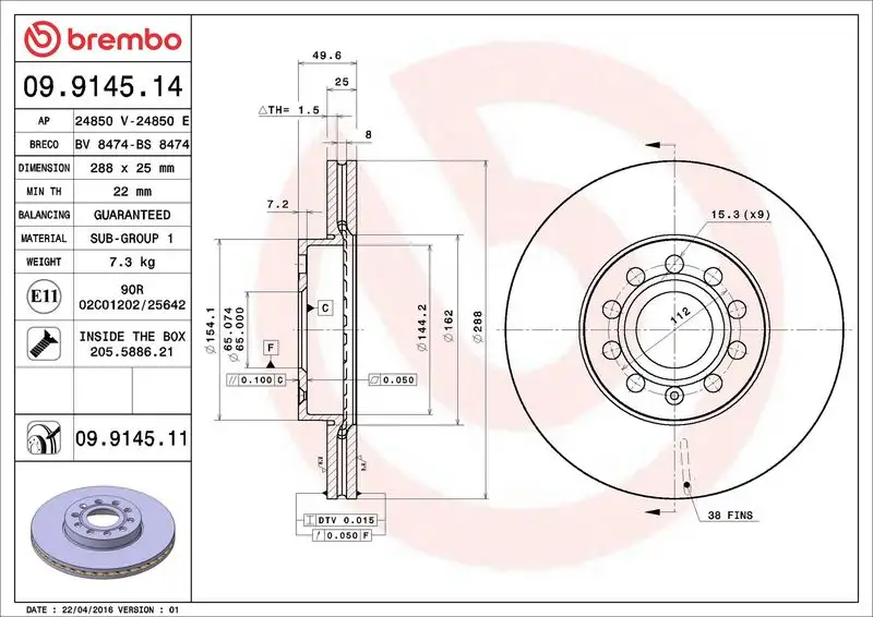 BREMBO 09.9145.11 Ön Fren Diski