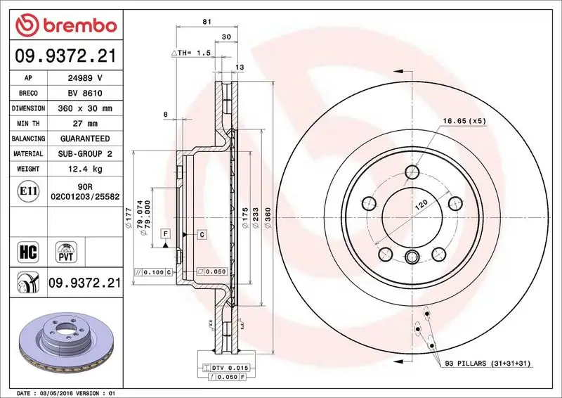 BREMBO 09.9372.21 Ön Fren Diski