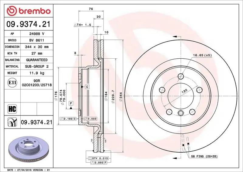 BREMBO 09.9374.21 Ön Fren Diski SDB500182