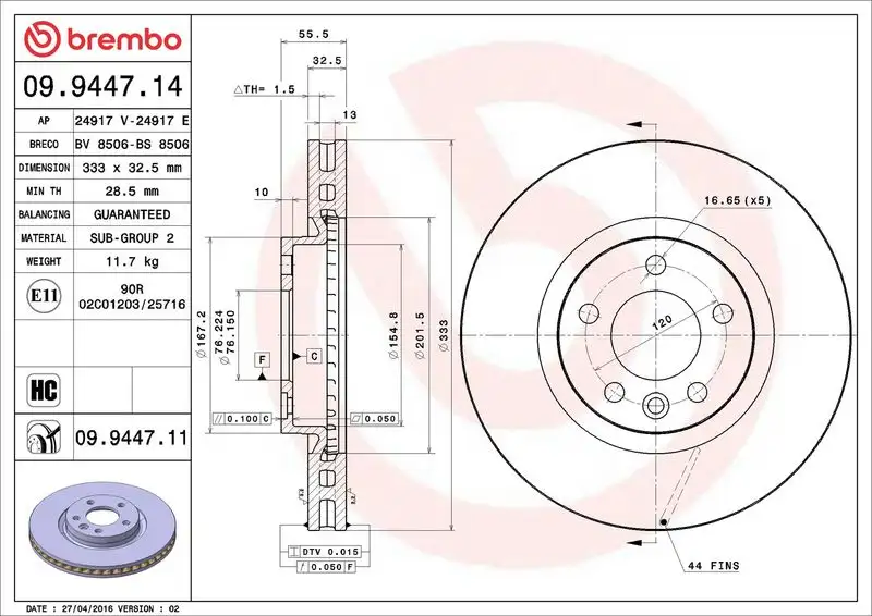 BREMBO 09.9447.11 Ön Fren Diski 7H0615301F