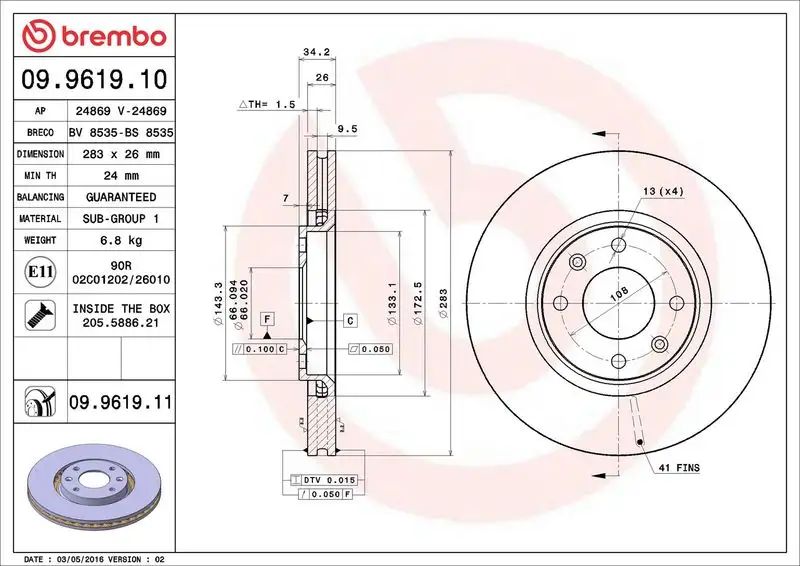 BREMBO 09.9619.10 Ön Fren Diski