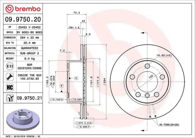BREMBO 09.9750.21 Ön Fren Diski 34116792215
