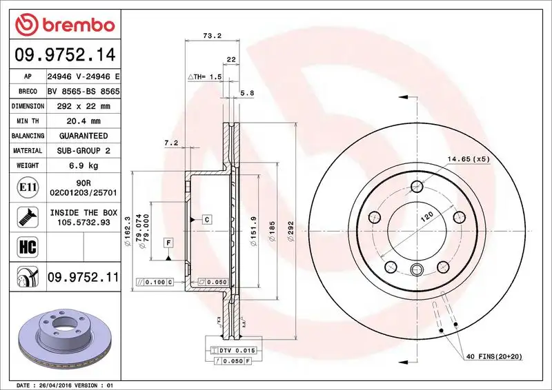 BREMBO 09.9752.11 Ön Fren Diski 34116854997