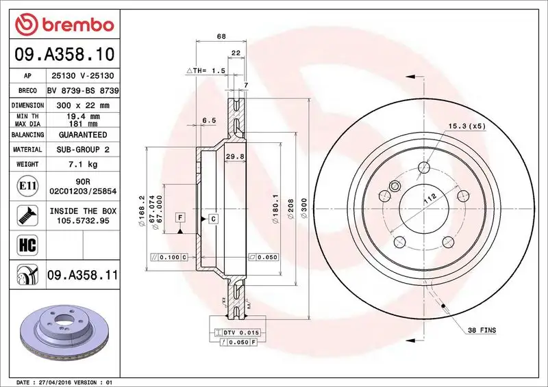 BREMBO 09.A358.11 Arka Fren Diski A0423091207