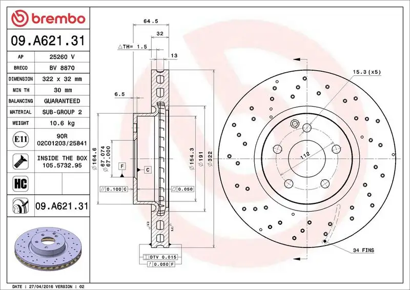 BREMBO 09.A621.31 Ön Fren Diski