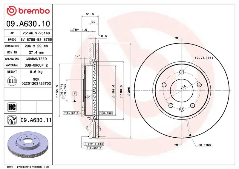 BREMBO 09.A630.10 Ön Fren Diski