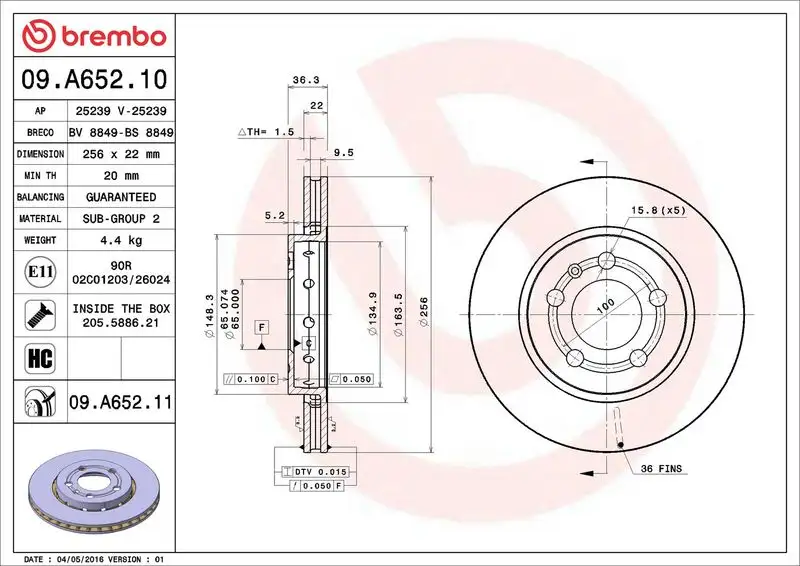 BREMBO 09.A652.11 Arka Fren Diski 8L061601