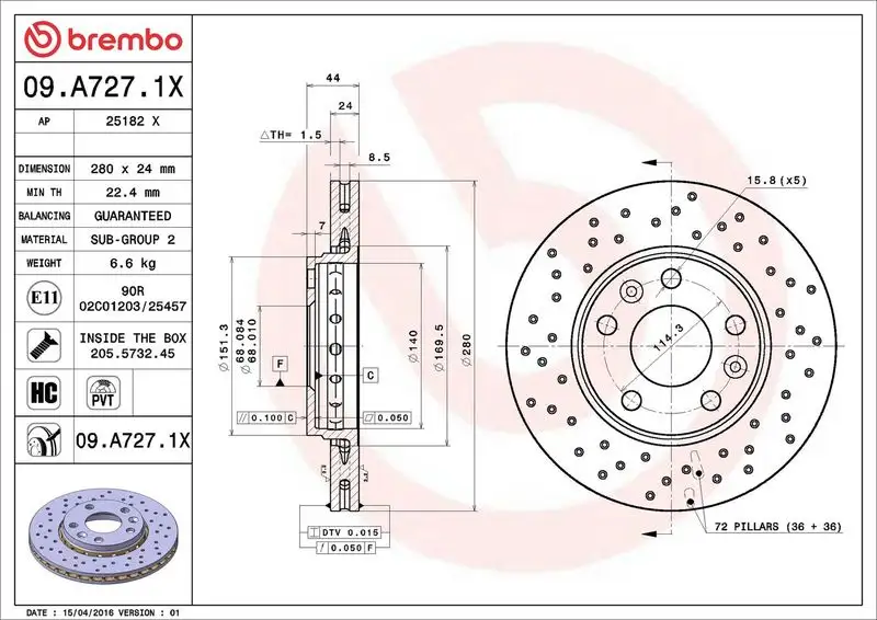 BREMBO 09.A727.1X Ön Fren Diski