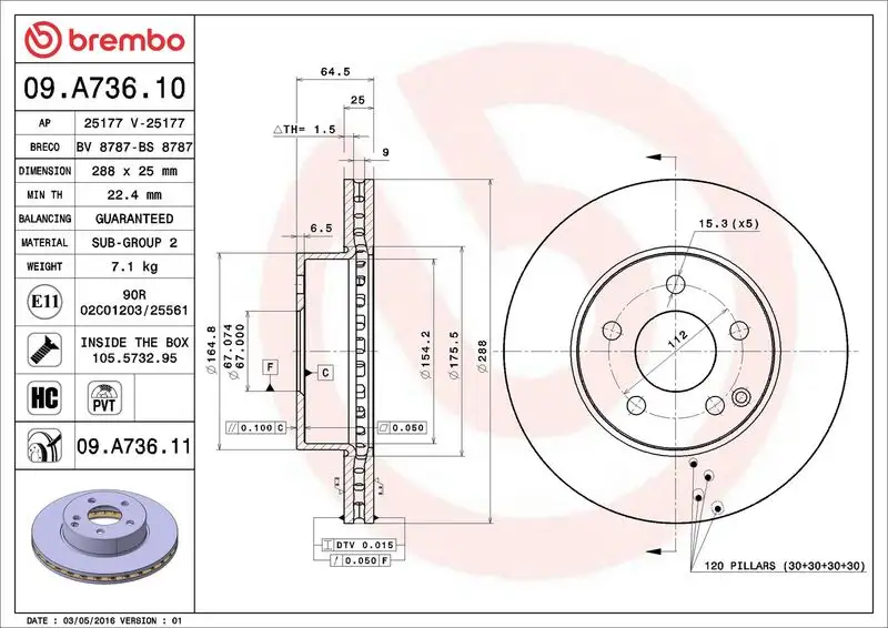 BREMBO 09.A736.10 Ön Fren Diski A2044210012