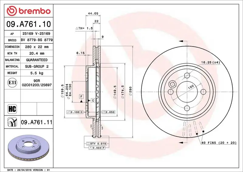 BREMBO 09.A761.11 Ön Fren Diski 34116858651