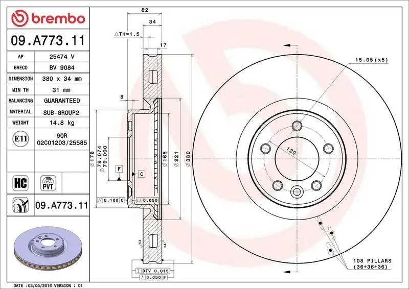 BREMBO 09.A773.11 Ön Fren Diski LR027106