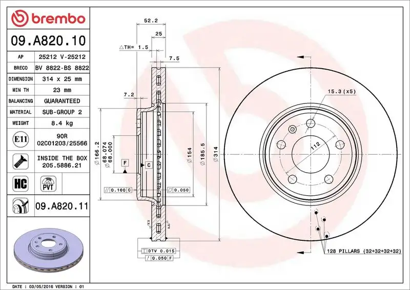BREMBO 09.A820.11 Ön Fren Diski