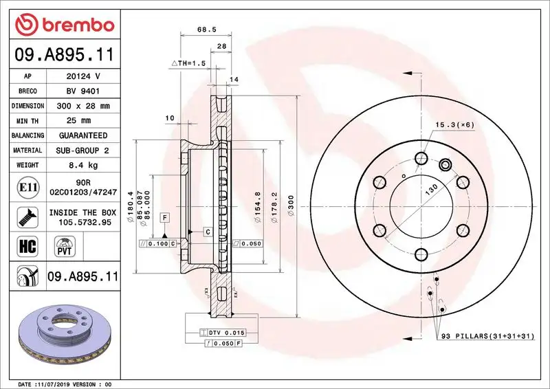BREMBO 09.A895.11 Ön Fren Diski A9104210100
