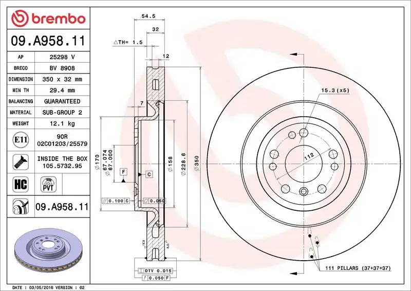 BREMBO 09.A958.11 Ön Fren Diski A1664210712