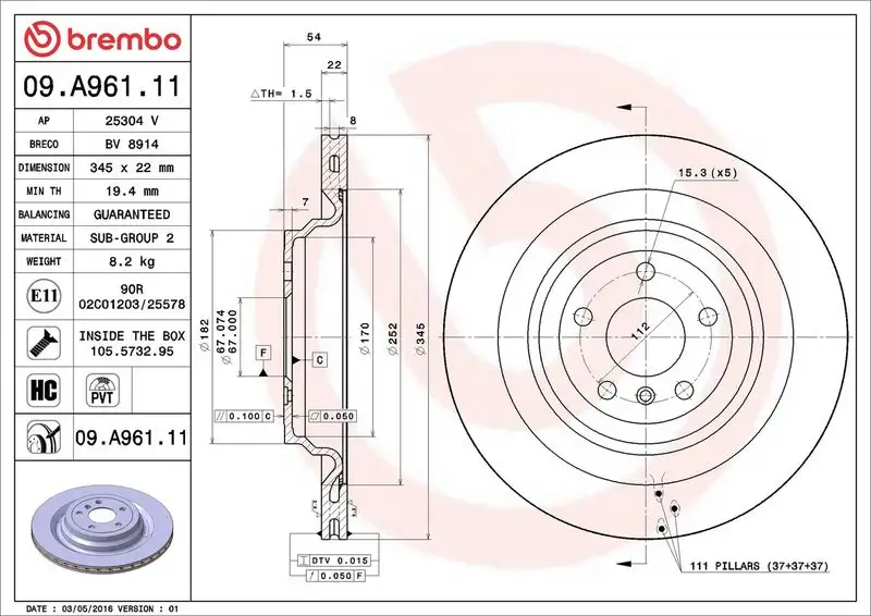 BREMBO 09.A961.11 Arka Fren Diski A1664230700