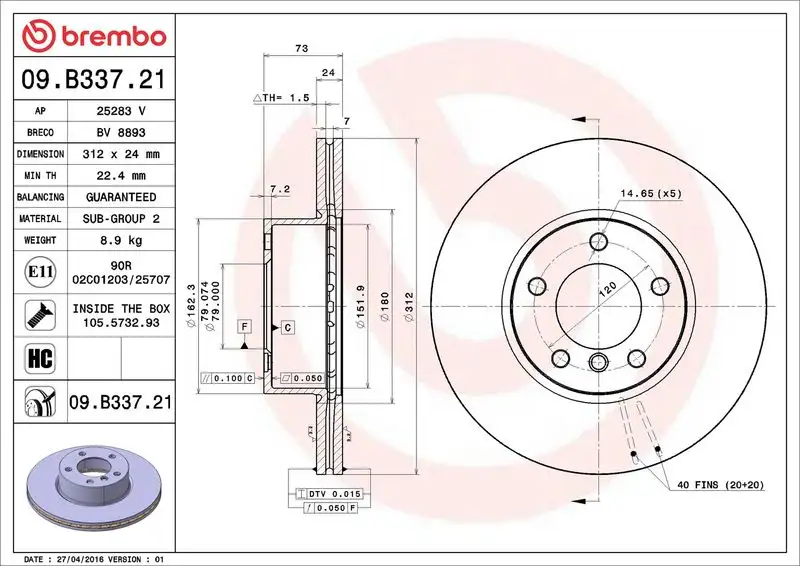 BREMBO 09.B337.21 Ön Fren Diski