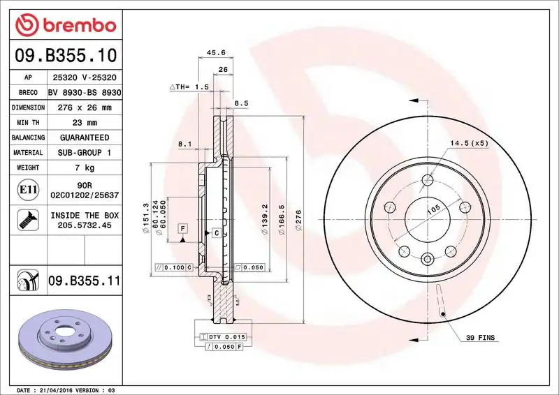 BREMBO 09.B355.10 Ön Fren Diski