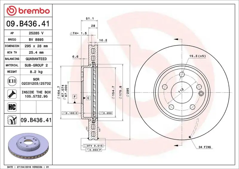BREMBO 09.B436.41 Ön Fren Diski A2464212412