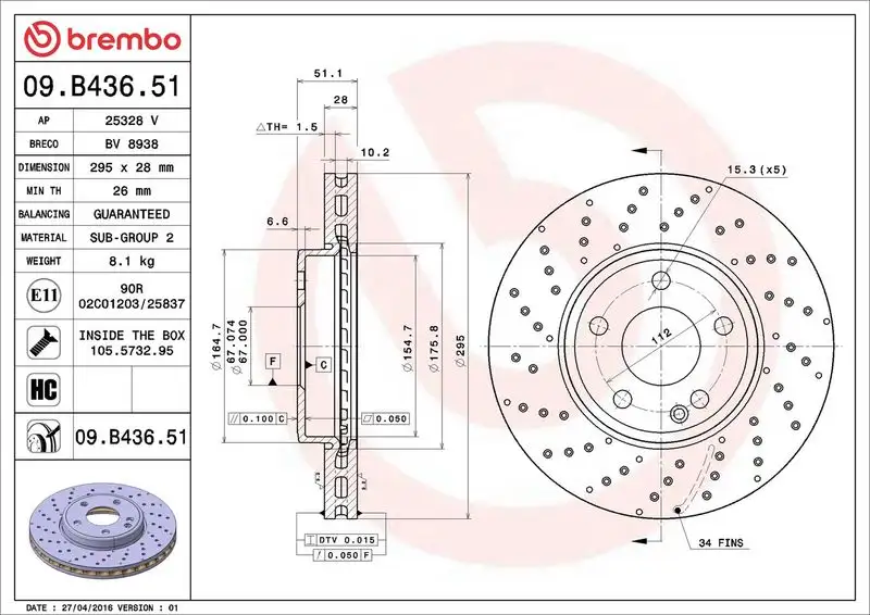 BREMBO 09.B436.51 Ön Fren Diski A2464212512