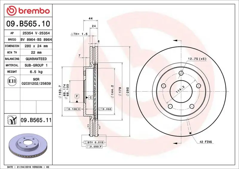 BREMBO 09.B565.11 Ön Fren Diski
