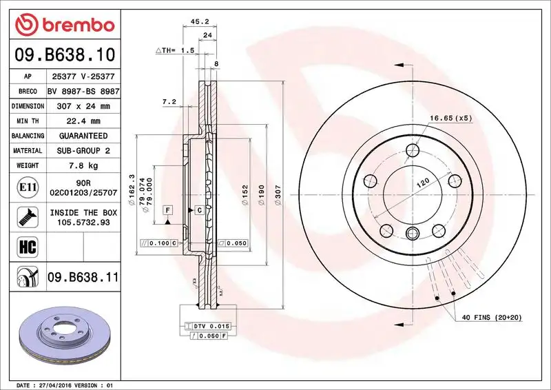 BREMBO 09.B638.11 Ön Fren Diski 34119811538